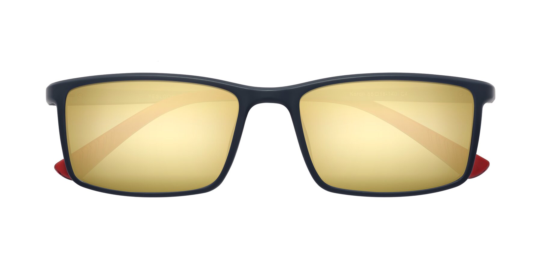 Folded Front of Kordii in Matte Blue-Red with Gold Mirrored Lenses
