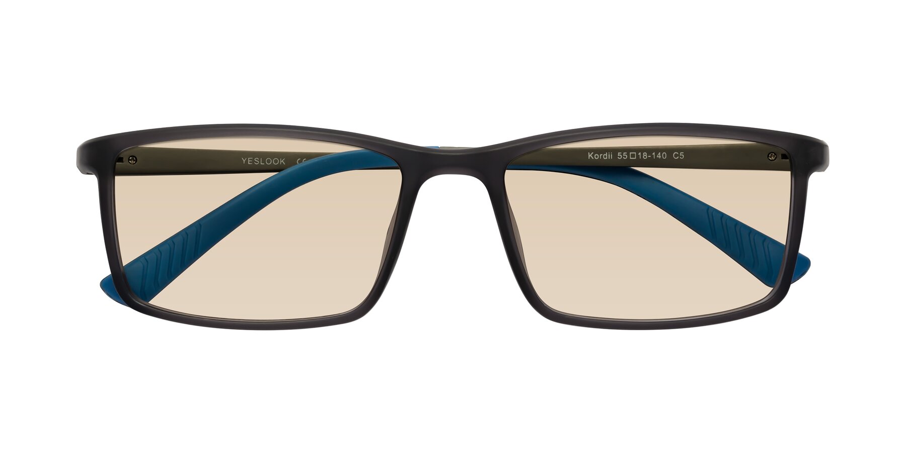 Folded Front of Kordii in Matte Gray-Blue with Light Brown Tinted Lenses