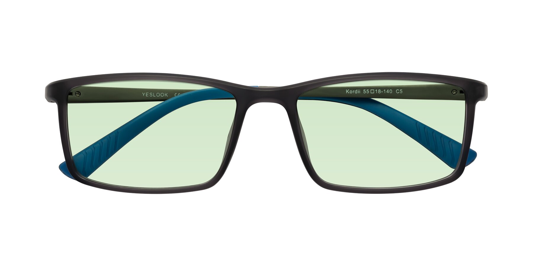 Folded Front of Kordii in Matte Gray-Blue with Light Green Tinted Lenses