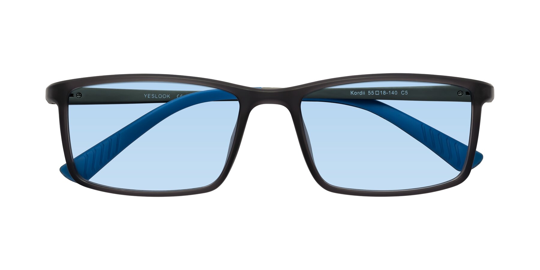 Folded Front of Kordii in Matte Gray-Blue with Light Blue Tinted Lenses