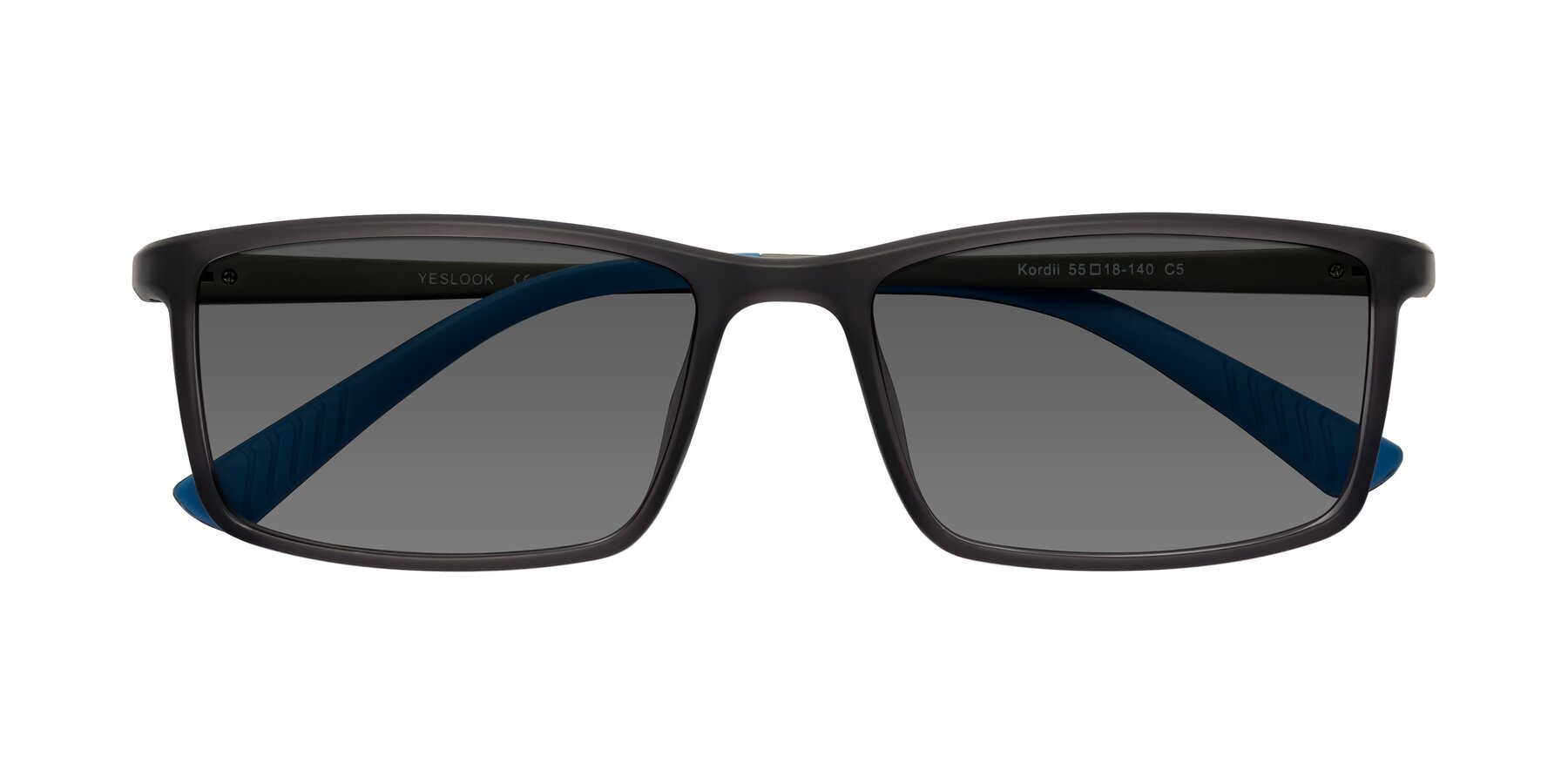 Folded Front of Kordii in Matte Gray-Blue with Medium Gray Tinted Lenses
