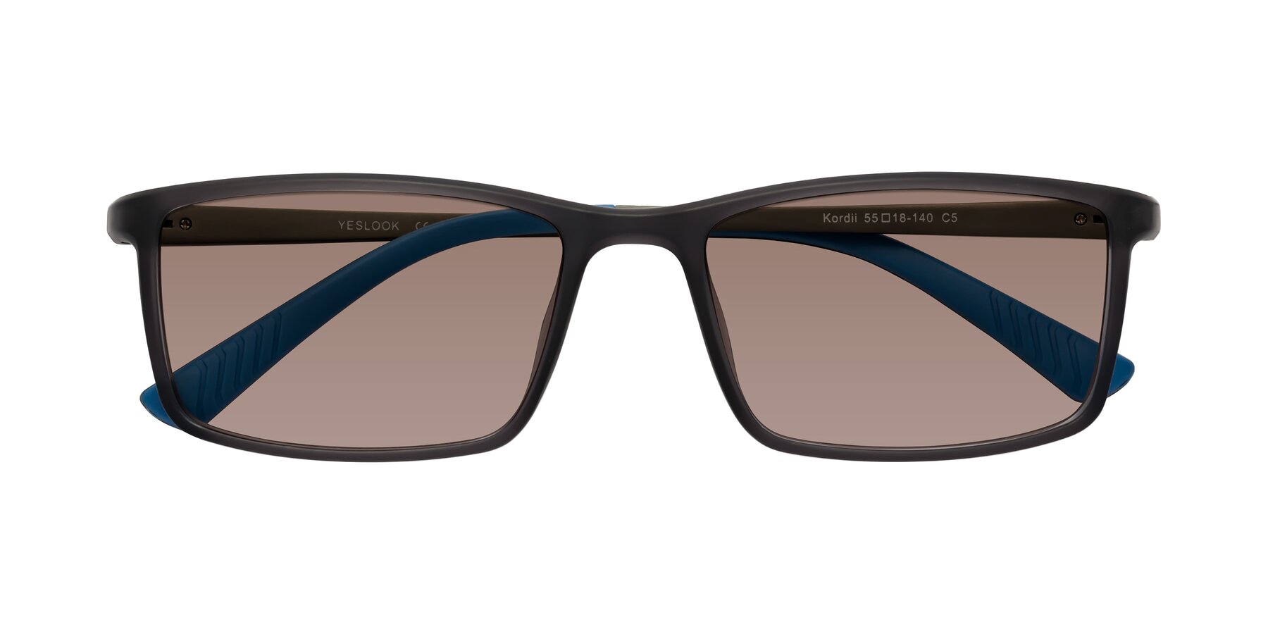 Folded Front of Kordii in Matte Gray-Blue with Medium Brown Tinted Lenses