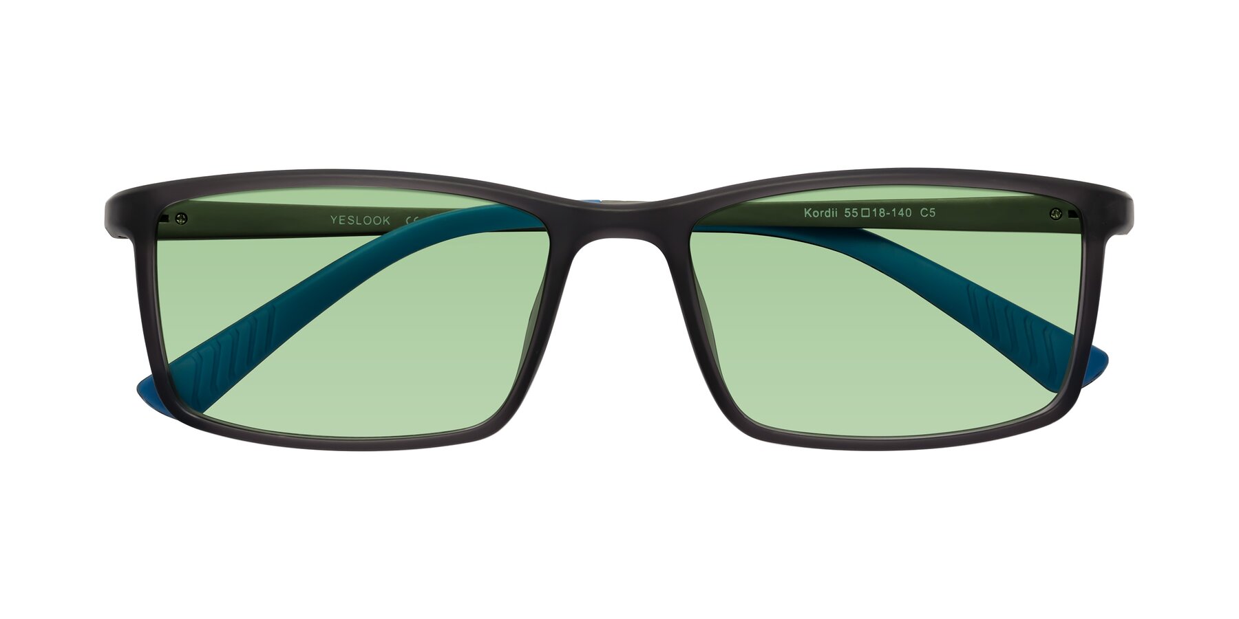 Folded Front of Kordii in Matte Gray-Blue with Medium Green Tinted Lenses