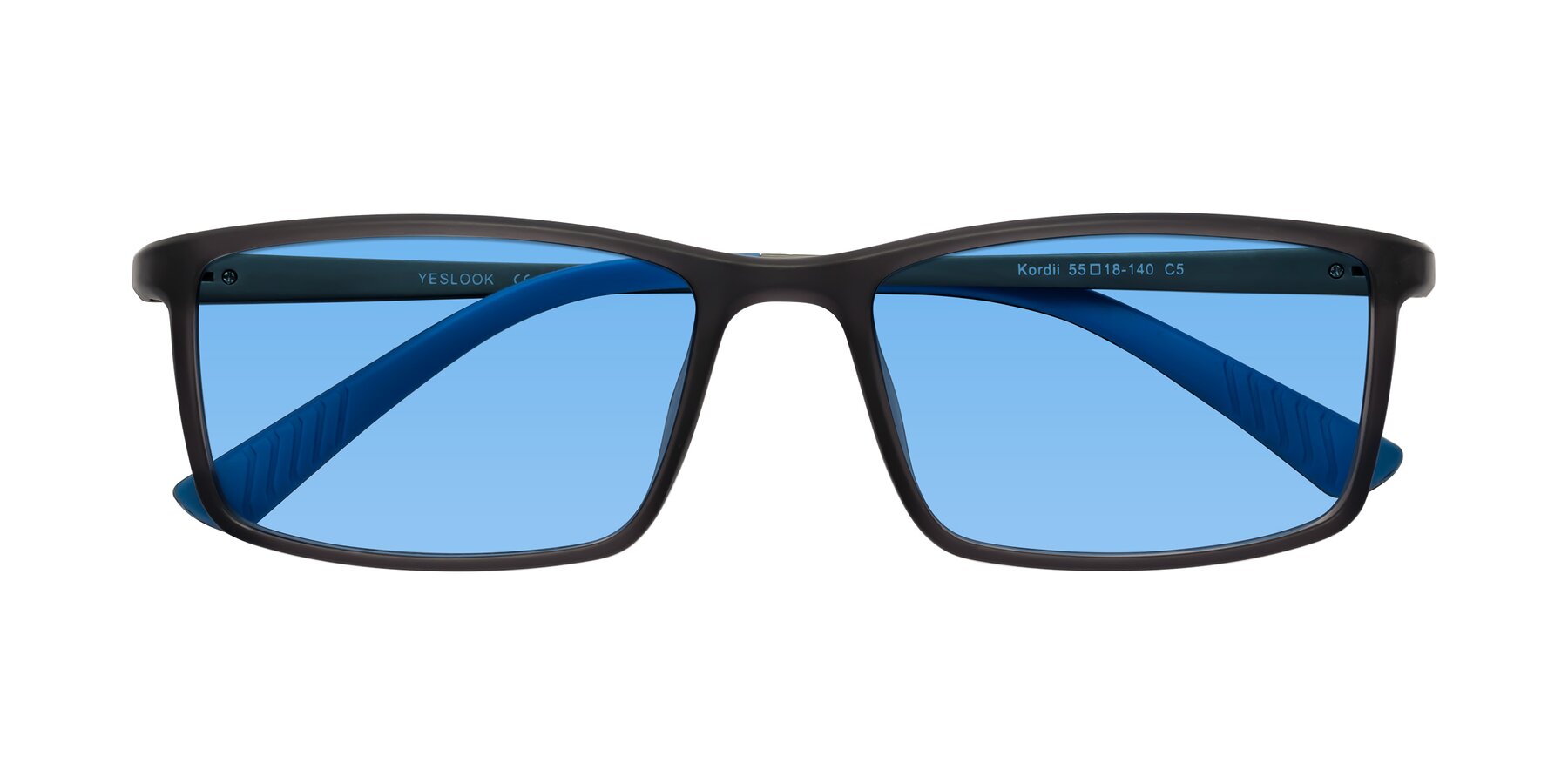 Folded Front of Kordii in Matte Gray-Blue with Medium Blue Tinted Lenses