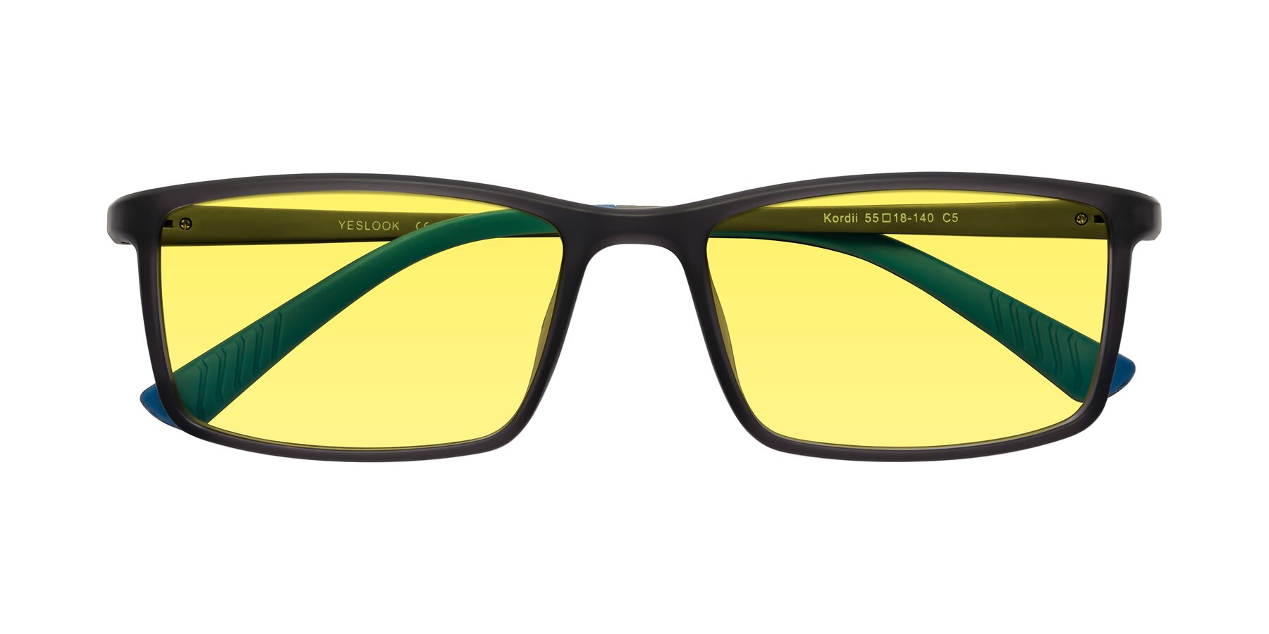 Folded Front of Kordii in Matte Gray-Blue with Medium Yellow Tinted Lenses