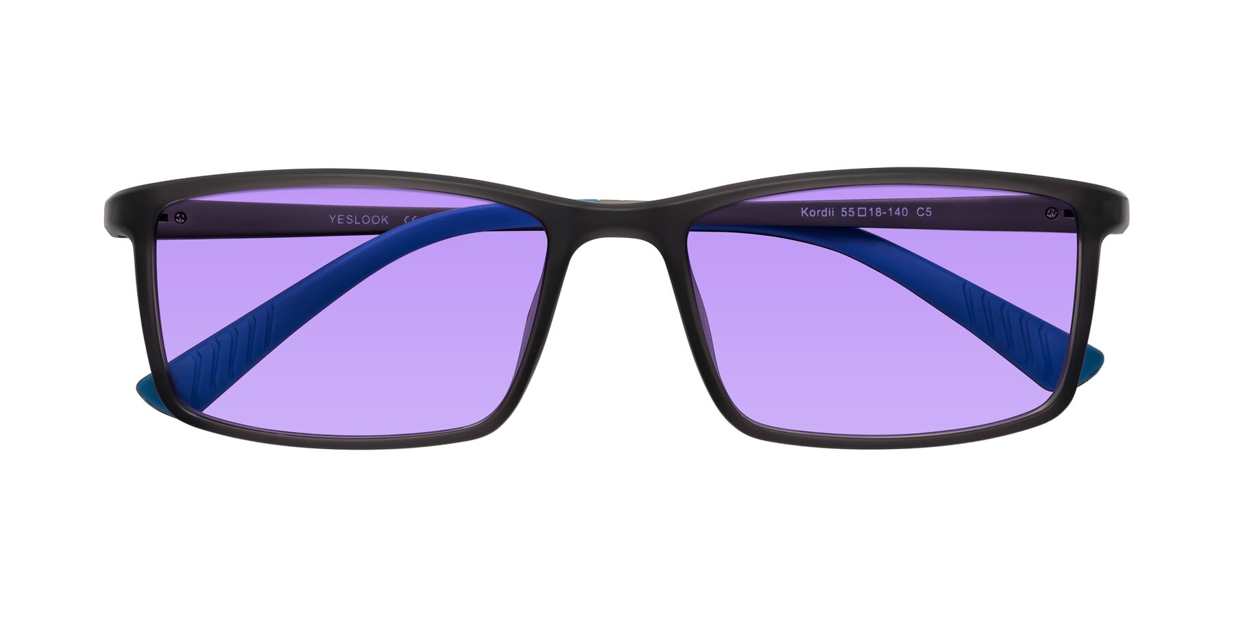 Folded Front of Kordii in Matte Gray-Blue with Medium Purple Tinted Lenses