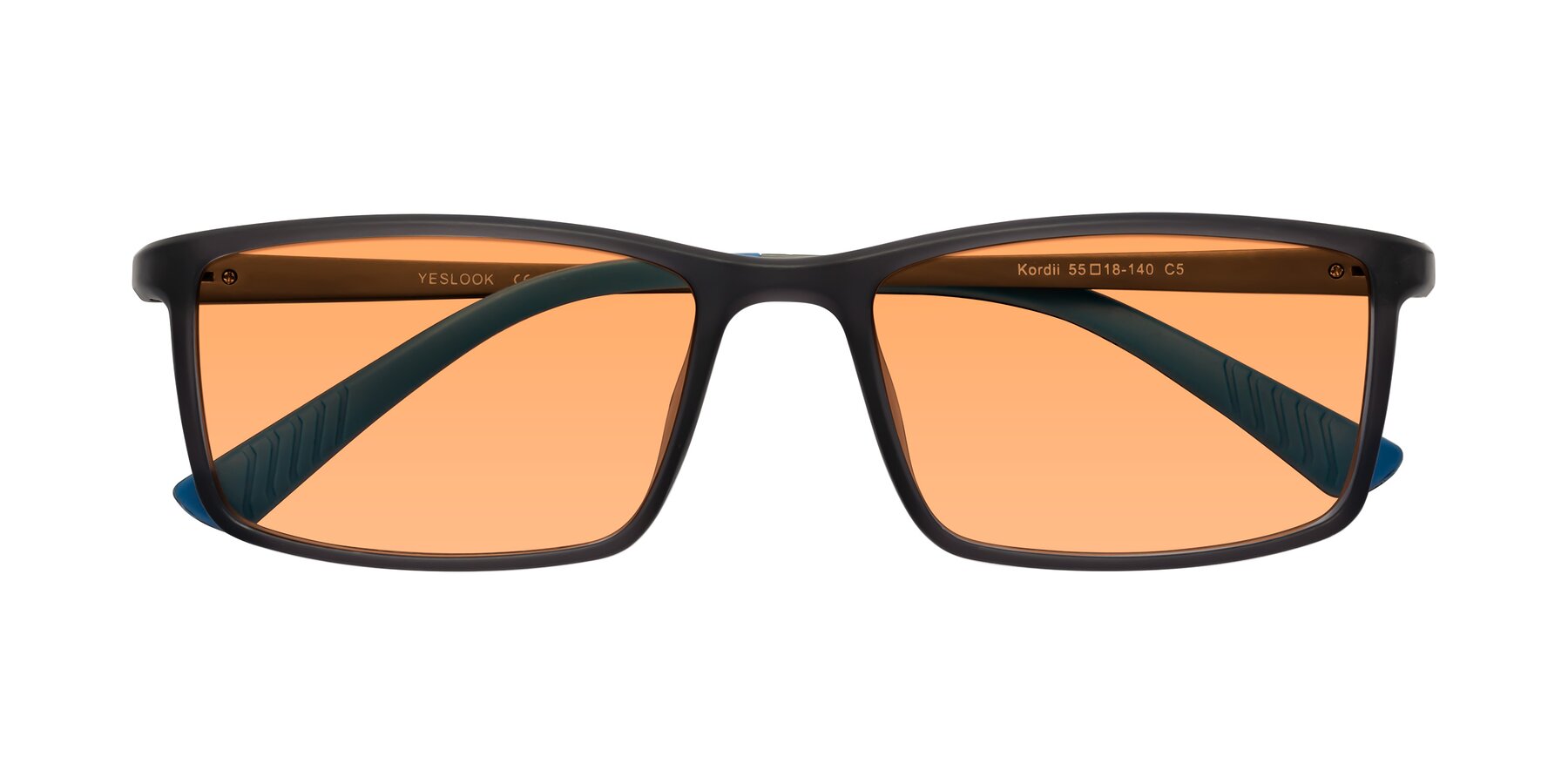 Folded Front of Kordii in Matte Gray-Blue with Medium Orange Tinted Lenses