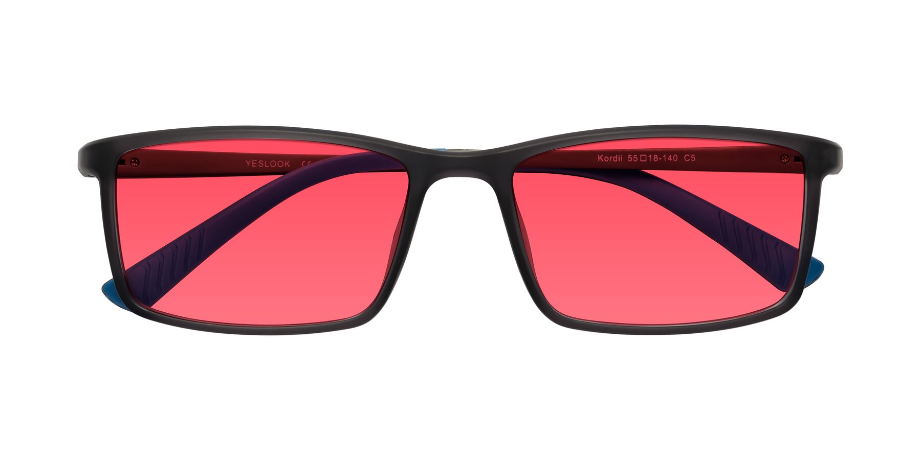 Folded Front of Kordii in Matte Gray-Blue with Red Tinted Lenses