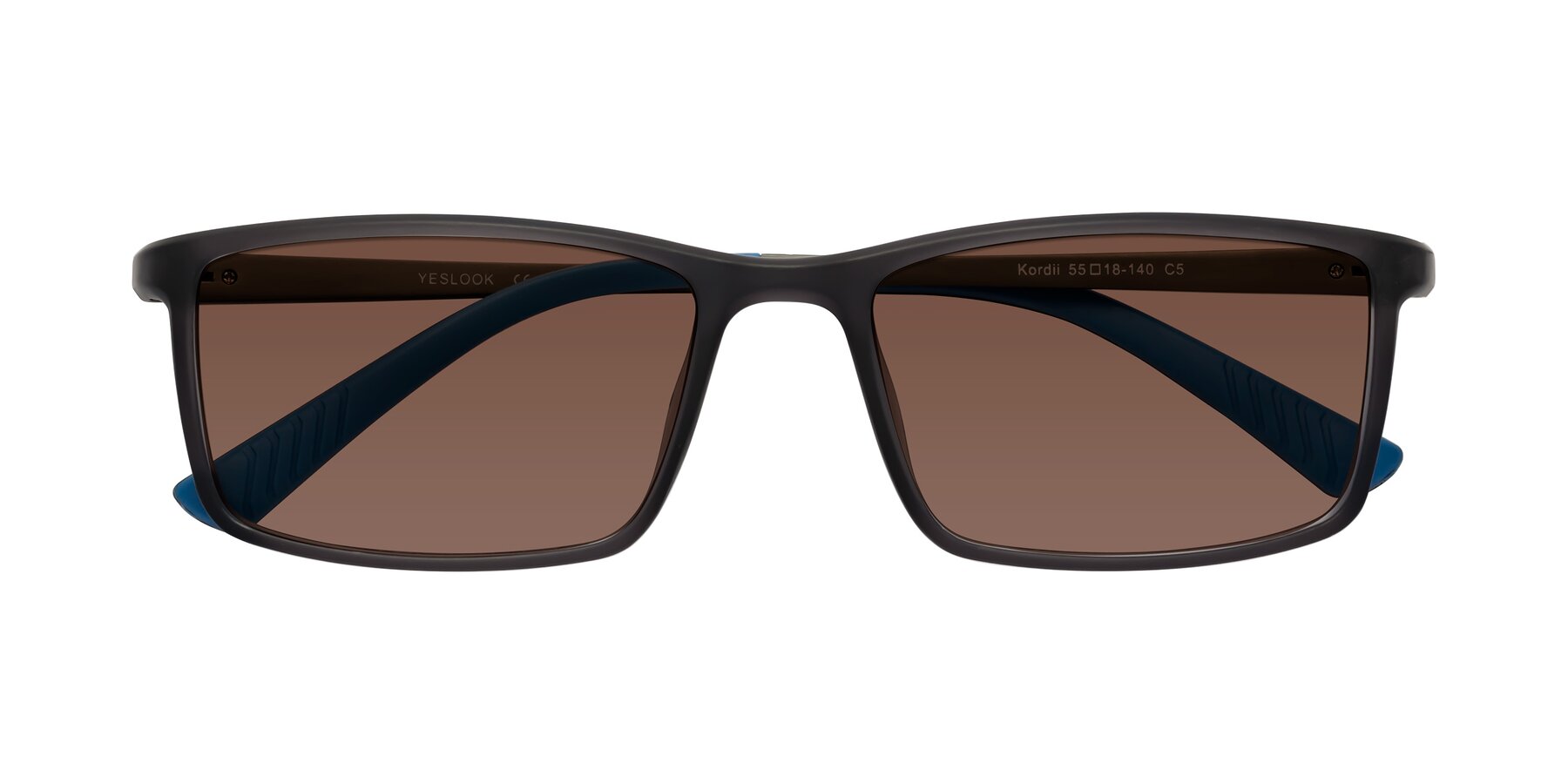 Folded Front of Kordii in Matte Gray-Blue with Brown Tinted Lenses