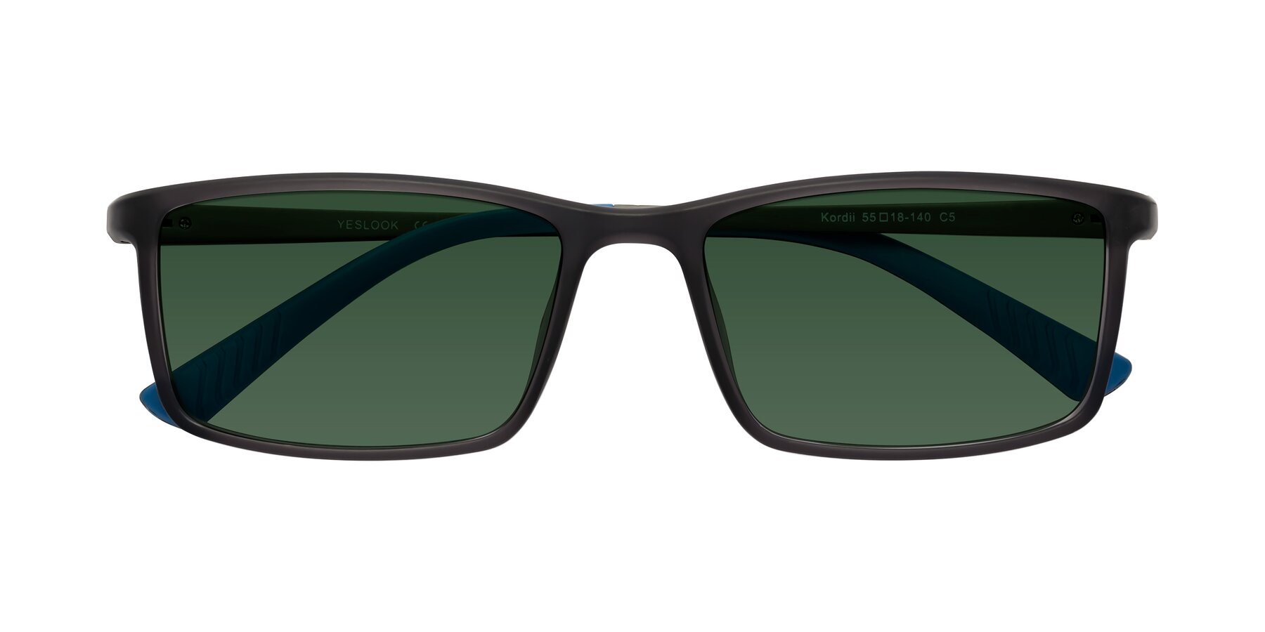 Folded Front of Kordii in Matte Gray-Blue with Green Tinted Lenses