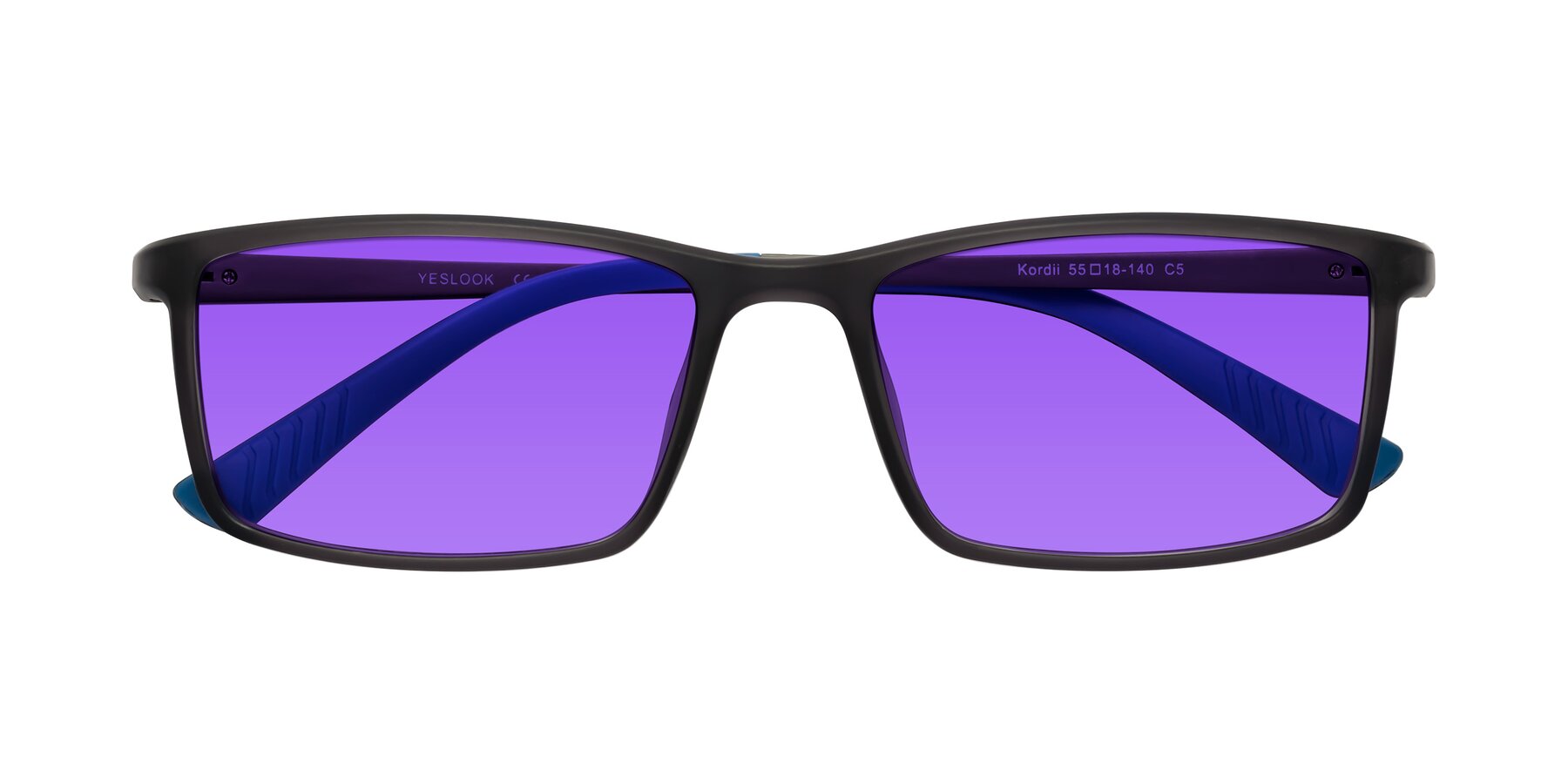 Folded Front of Kordii in Matte Gray-Blue with Purple Tinted Lenses