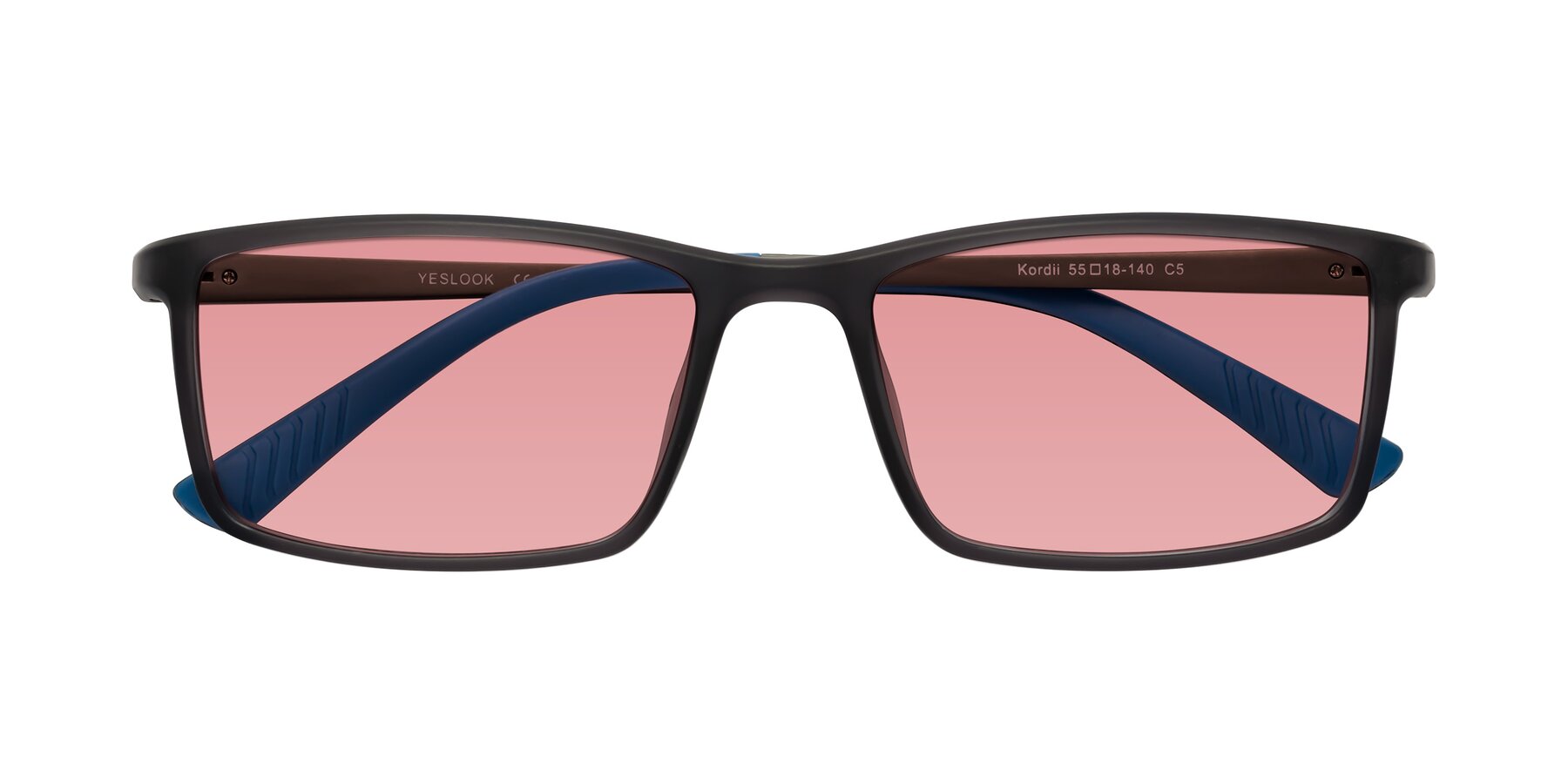 Folded Front of Kordii in Matte Gray-Blue with Medium Garnet Tinted Lenses