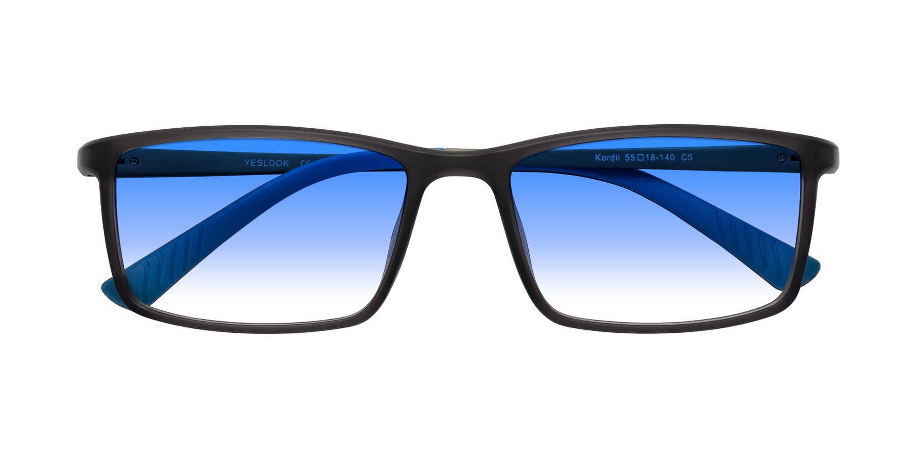 Folded Front of Kordii in Matte Gray/Blue with Blue Gradient Lenses