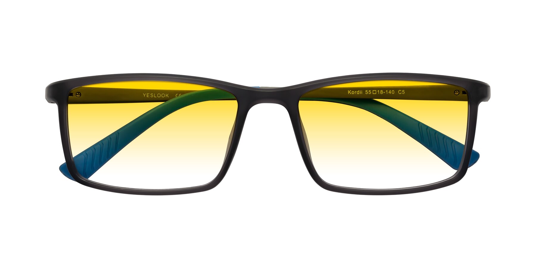 Folded Front of Kordii in Matte Gray/Blue with Yellow Gradient Lenses