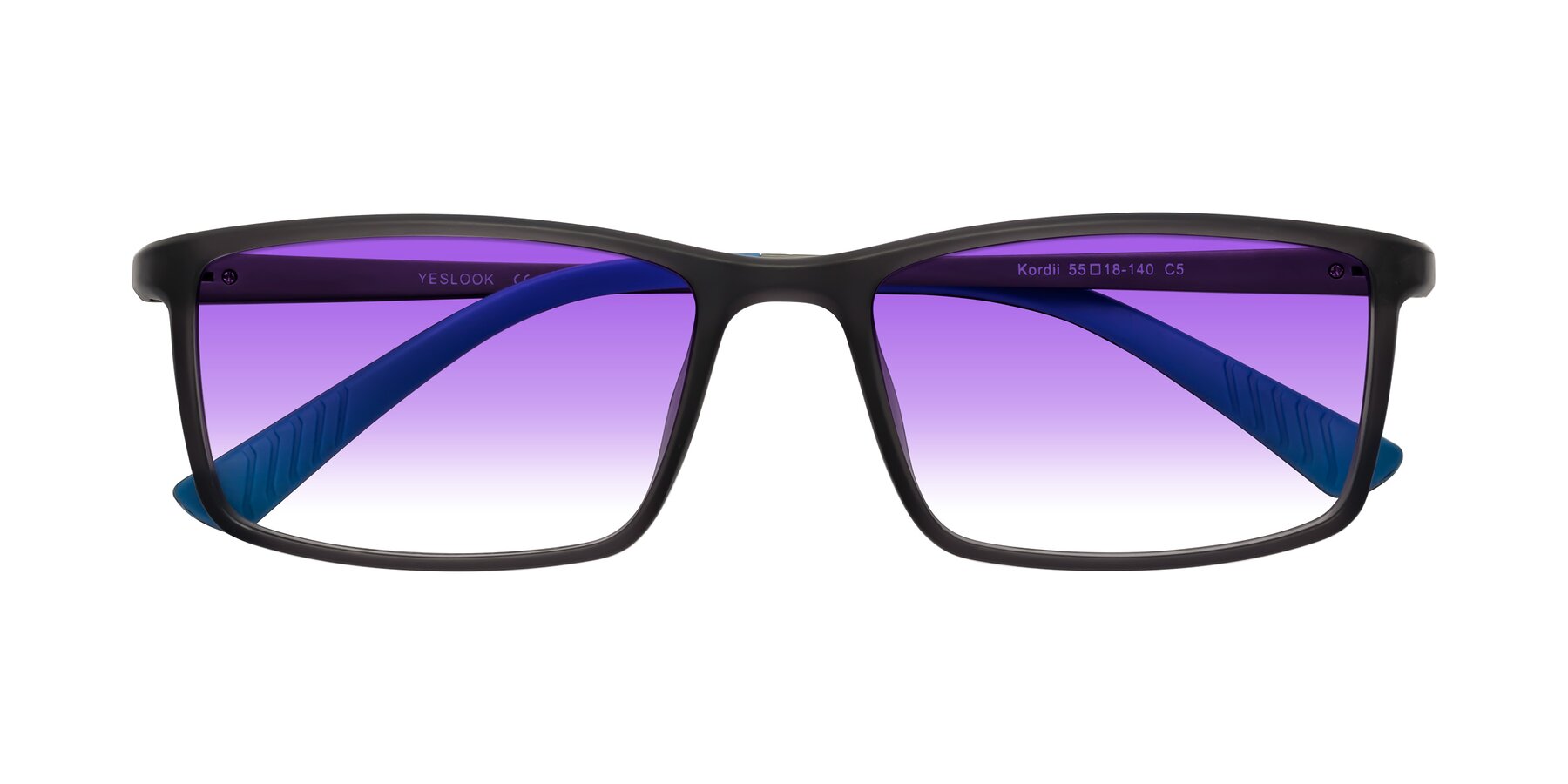 Folded Front of Kordii in Matte Gray/Blue with Purple Gradient Lenses