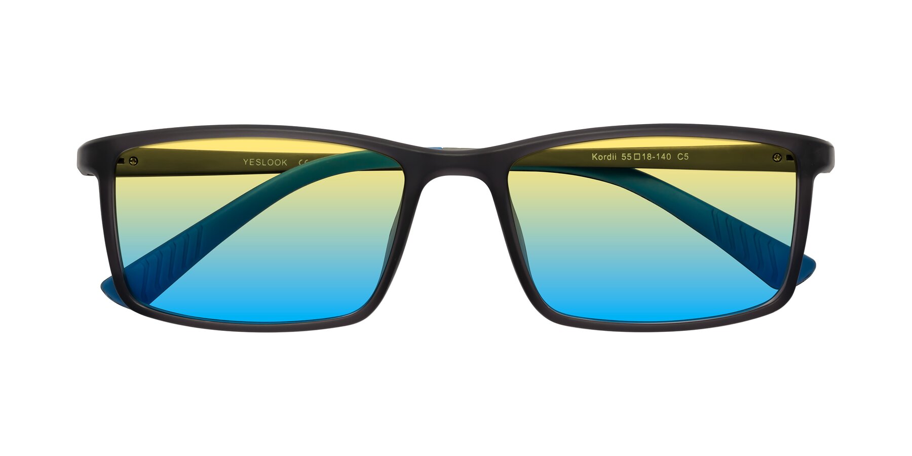 Folded Front of Kordii in Matte Gray/Blue with Yellow / Blue Gradient Lenses