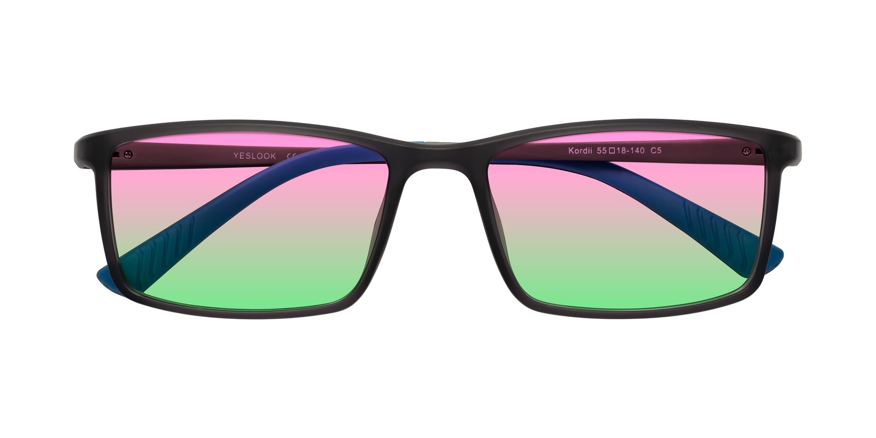 Folded Front of Kordii in Matte Gray/Blue with Pink / Green Gradient Lenses