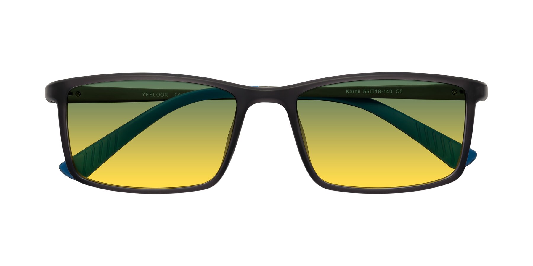 Folded Front of Kordii in Matte Gray/Blue with Green / Yellow Gradient Lenses