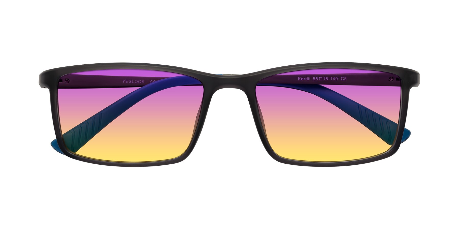 Folded Front of Kordii in Matte Gray/Blue with Purple / Yellow Gradient Lenses