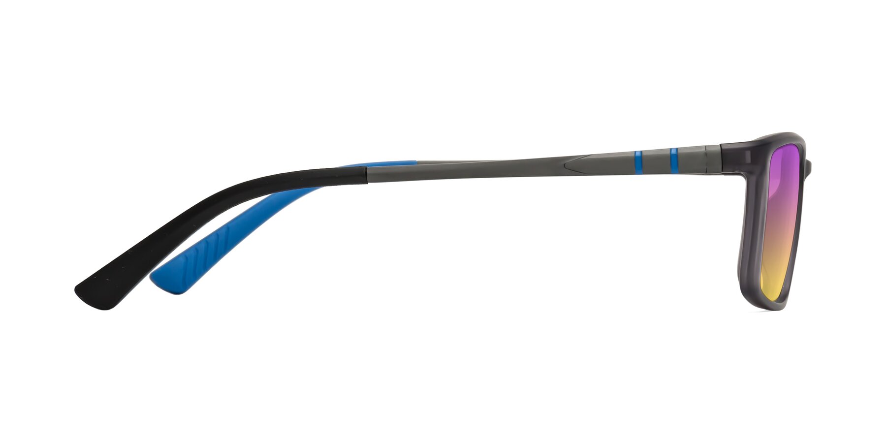 Side of Kordii in Matte Gray/Blue with Purple / Yellow Gradient Lenses
