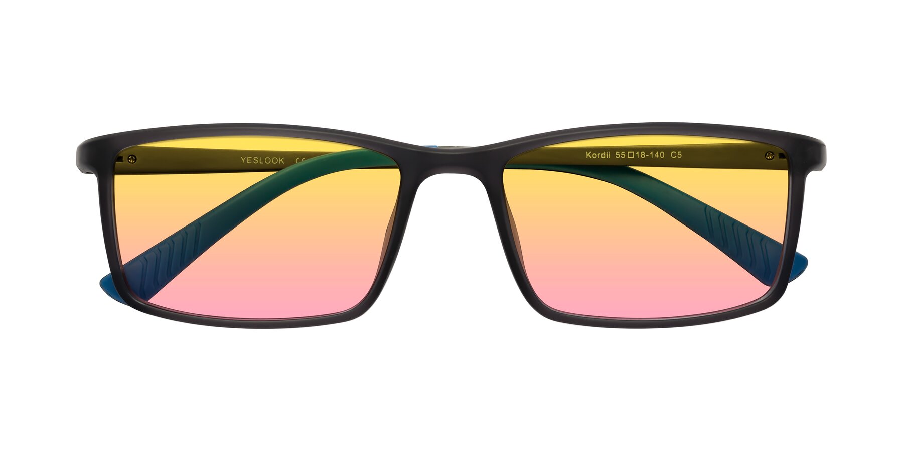 Folded Front of Kordii in Matte Gray/Blue with Yellow / Pink Gradient Lenses