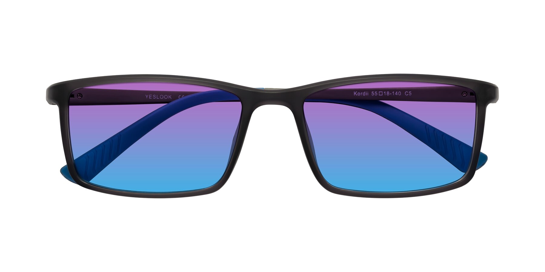 Folded Front of Kordii in Matte Gray/Blue with Purple / Blue Gradient Lenses