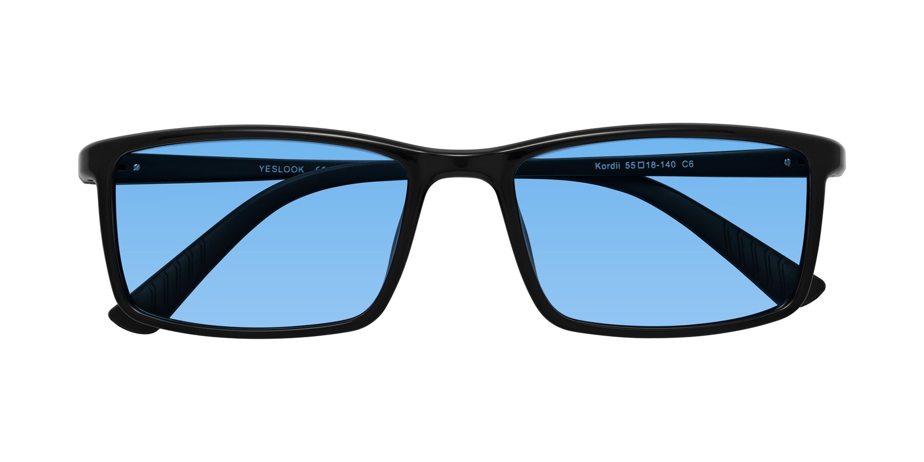 Folded Front of Kordii in Black with Medium Blue Tinted Lenses