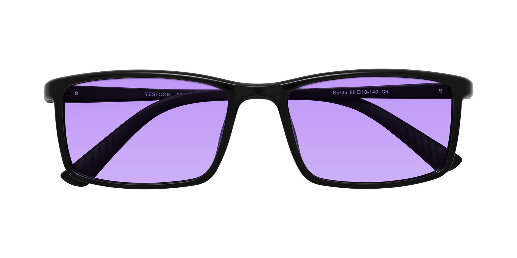 Folded Front of Kordii in Black with Medium Purple Tinted Lenses