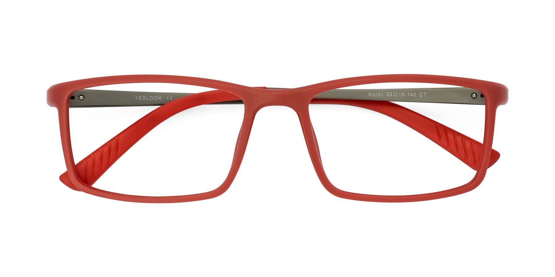 Folded Front of Kordii in Matte Red/Silver with Clear Eyeglass Lenses