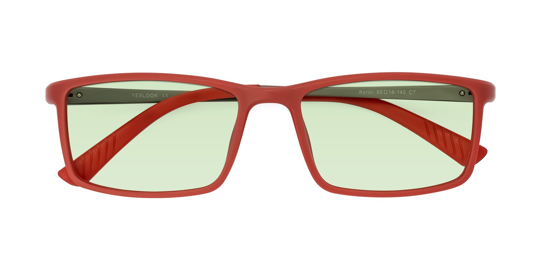 Folded Front of Kordii in Matte Red/Silver with Light Green Tinted Lenses