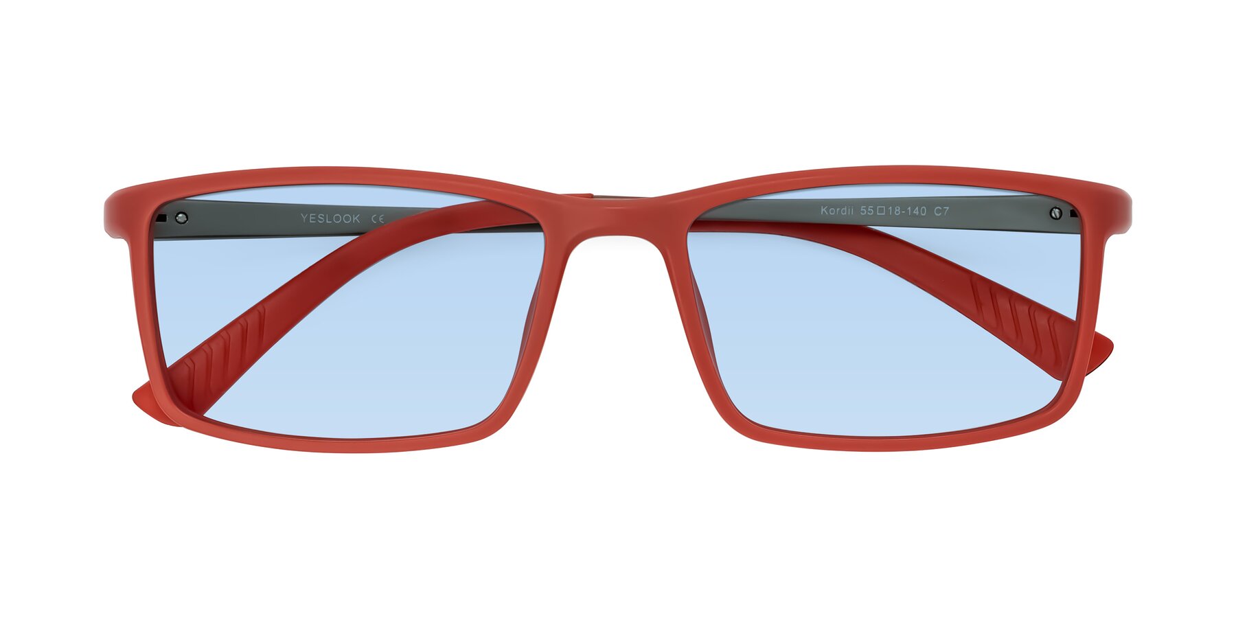 Folded Front of Kordii in Matte Red/Silver with Light Blue Tinted Lenses