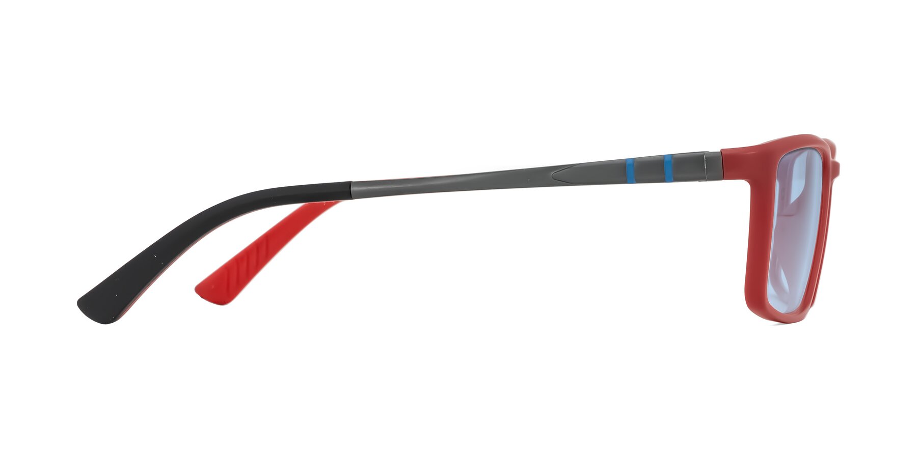 Side of Kordii in Matte Red/Silver with Light Blue Tinted Lenses