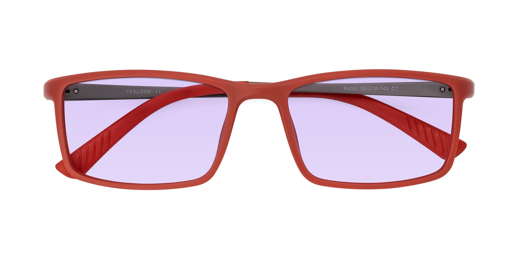 Folded Front of Kordii in Matte Red/Silver with Light Purple Tinted Lenses