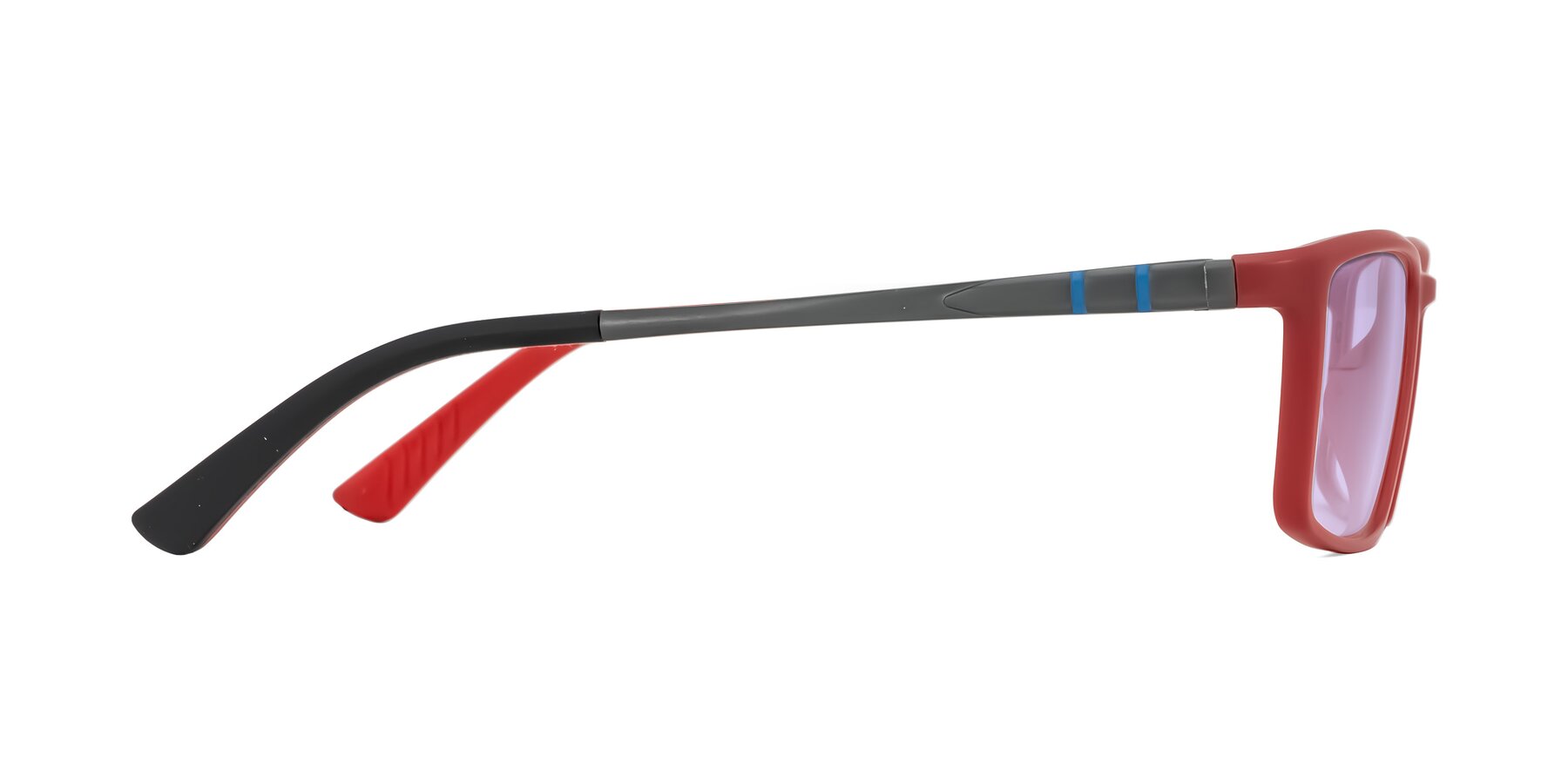 Side of Kordii in Matte Red/Silver with Light Purple Tinted Lenses