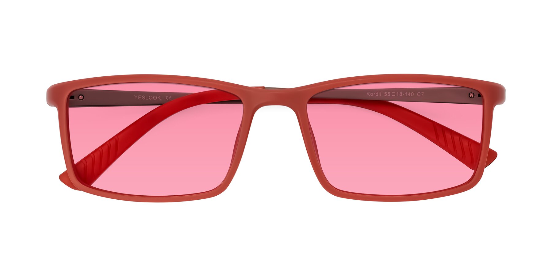 Folded Front of Kordii in Matte Red/Silver with Pink Tinted Lenses