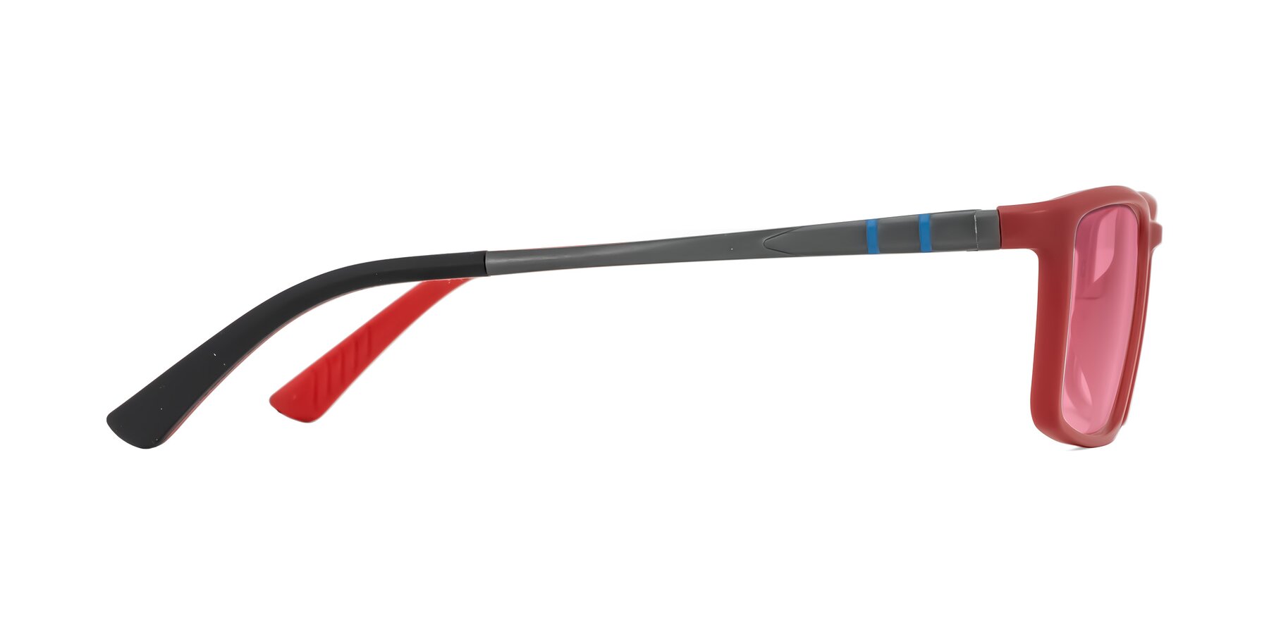 Side of Kordii in Matte Red/Silver with Pink Tinted Lenses