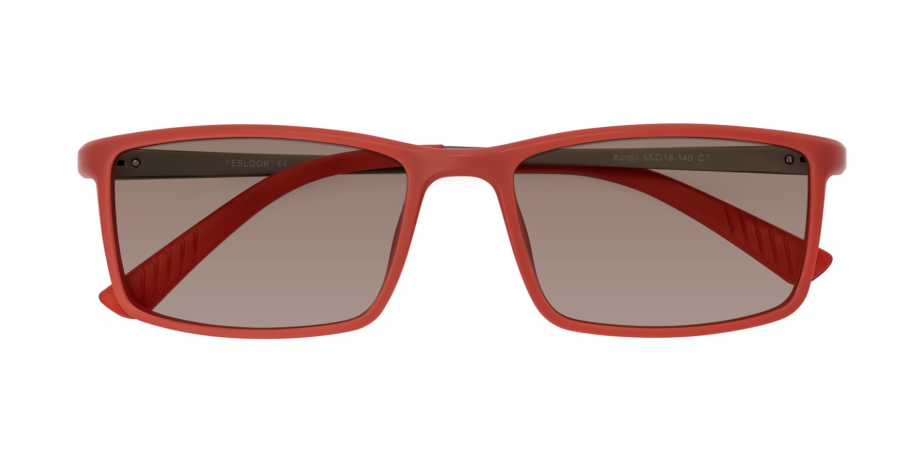 Folded Front of Kordii in Matte Red/Silver with Medium Brown Tinted Lenses
