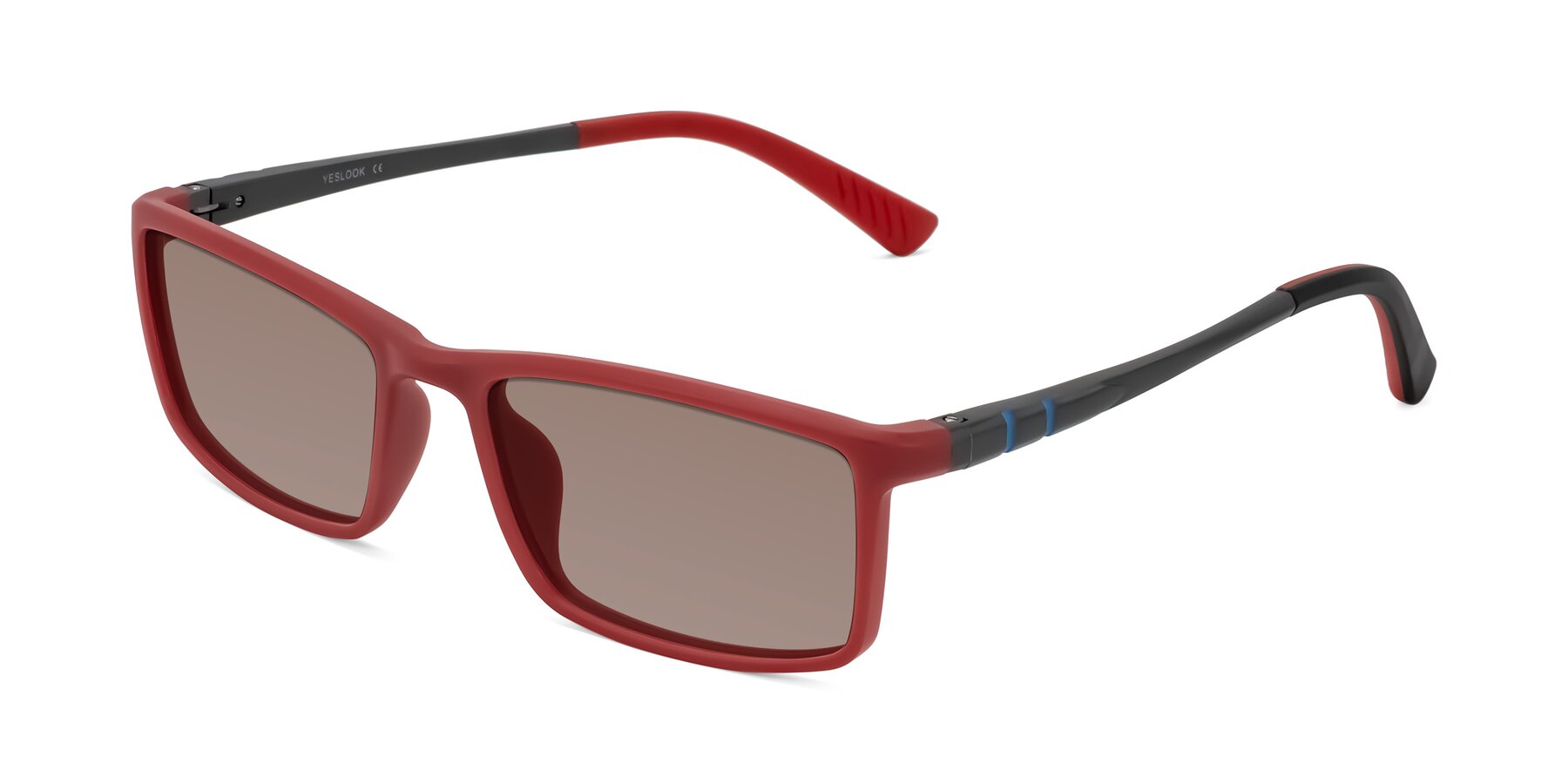 Angle of Kordii in Matte Red/Silver with Medium Brown Tinted Lenses