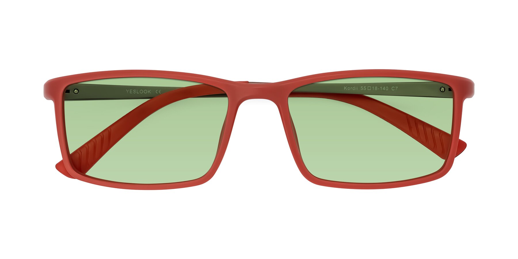 Folded Front of Kordii in Matte Red/Silver with Medium Green Tinted Lenses