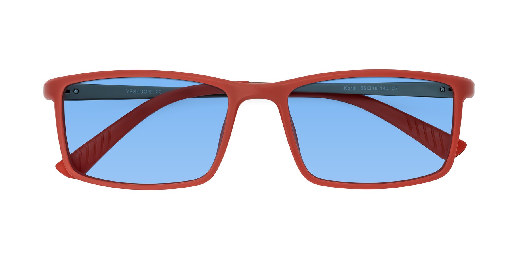 Folded Front of Kordii in Matte Red/Silver with Medium Blue Tinted Lenses
