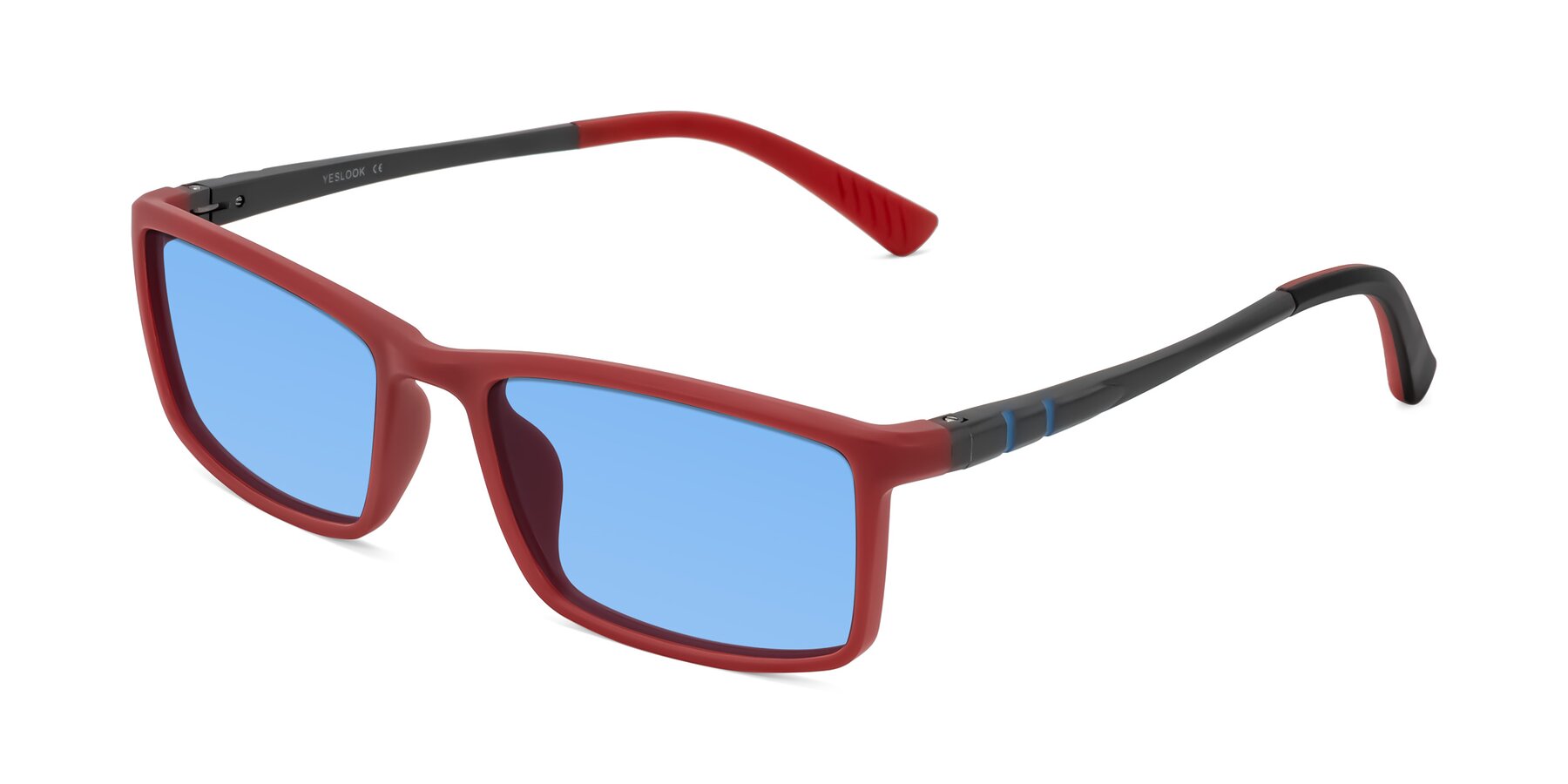 Angle of Kordii in Matte Red/Silver with Medium Blue Tinted Lenses