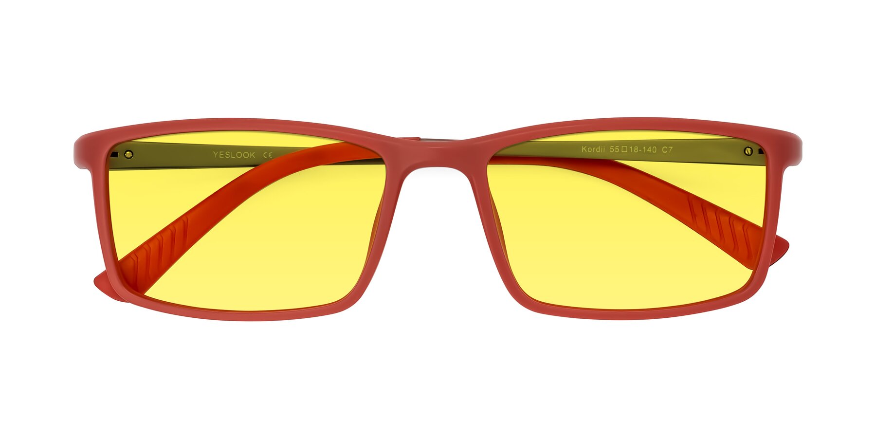 Folded Front of Kordii in Matte Red/Silver with Medium Yellow Tinted Lenses