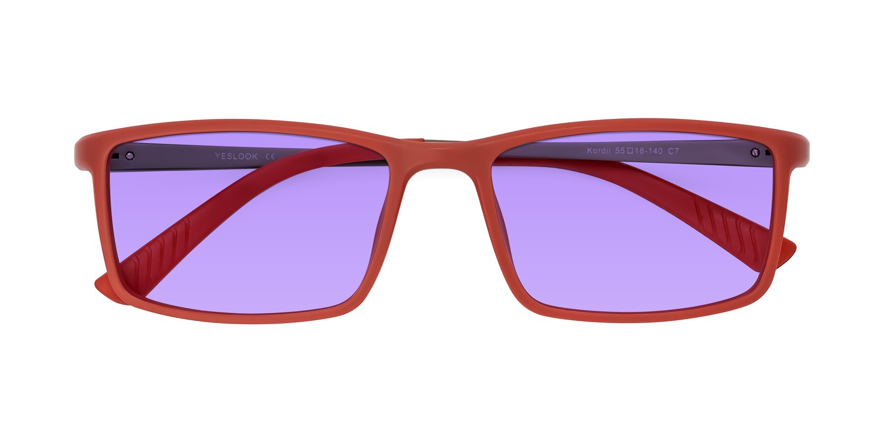 Folded Front of Kordii in Matte Red/Silver with Medium Purple Tinted Lenses