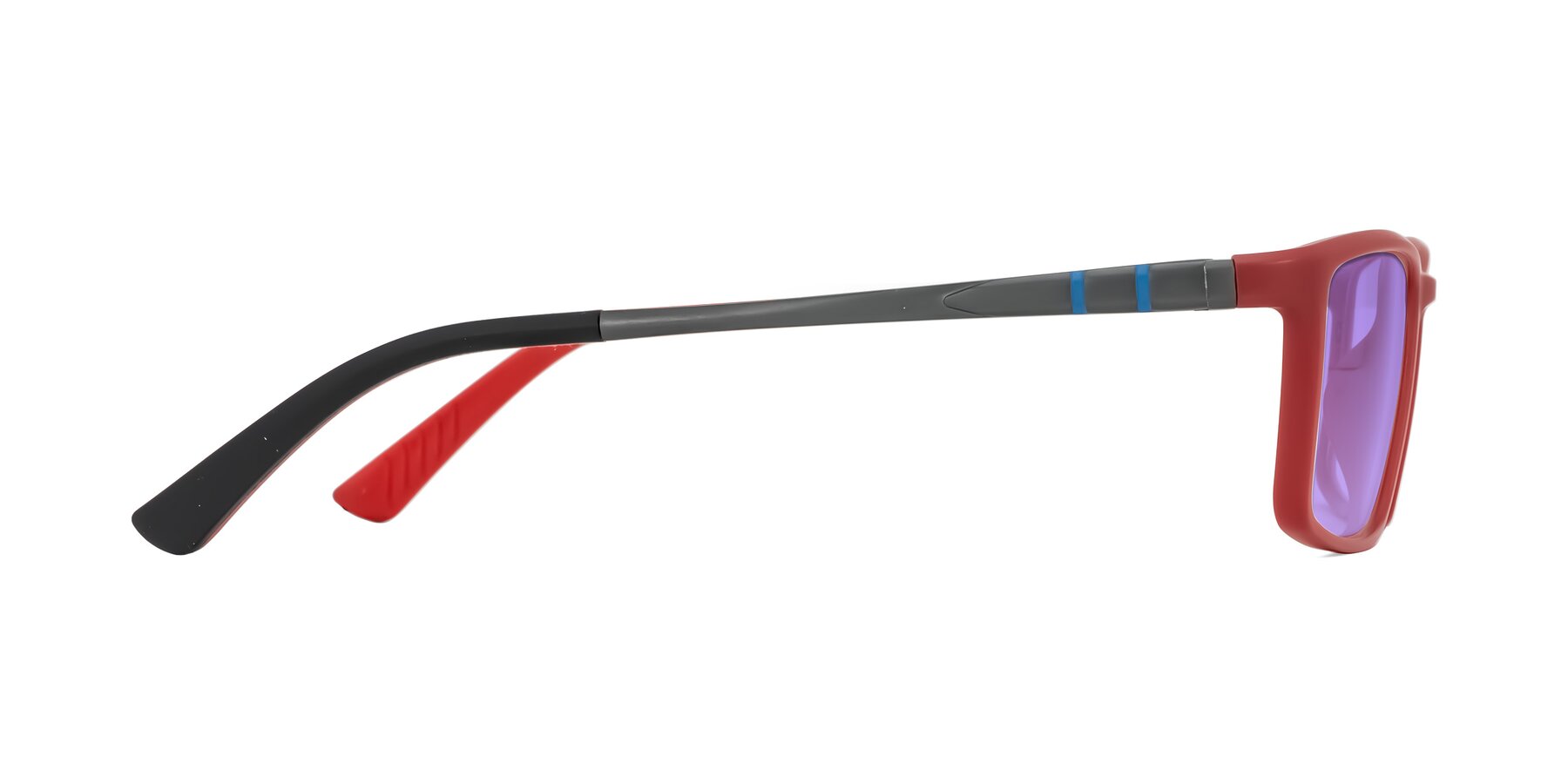 Side of Kordii in Matte Red/Silver with Medium Purple Tinted Lenses