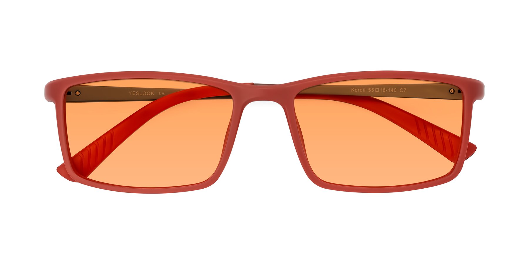 Folded Front of Kordii in Matte Red/Silver with Medium Orange Tinted Lenses