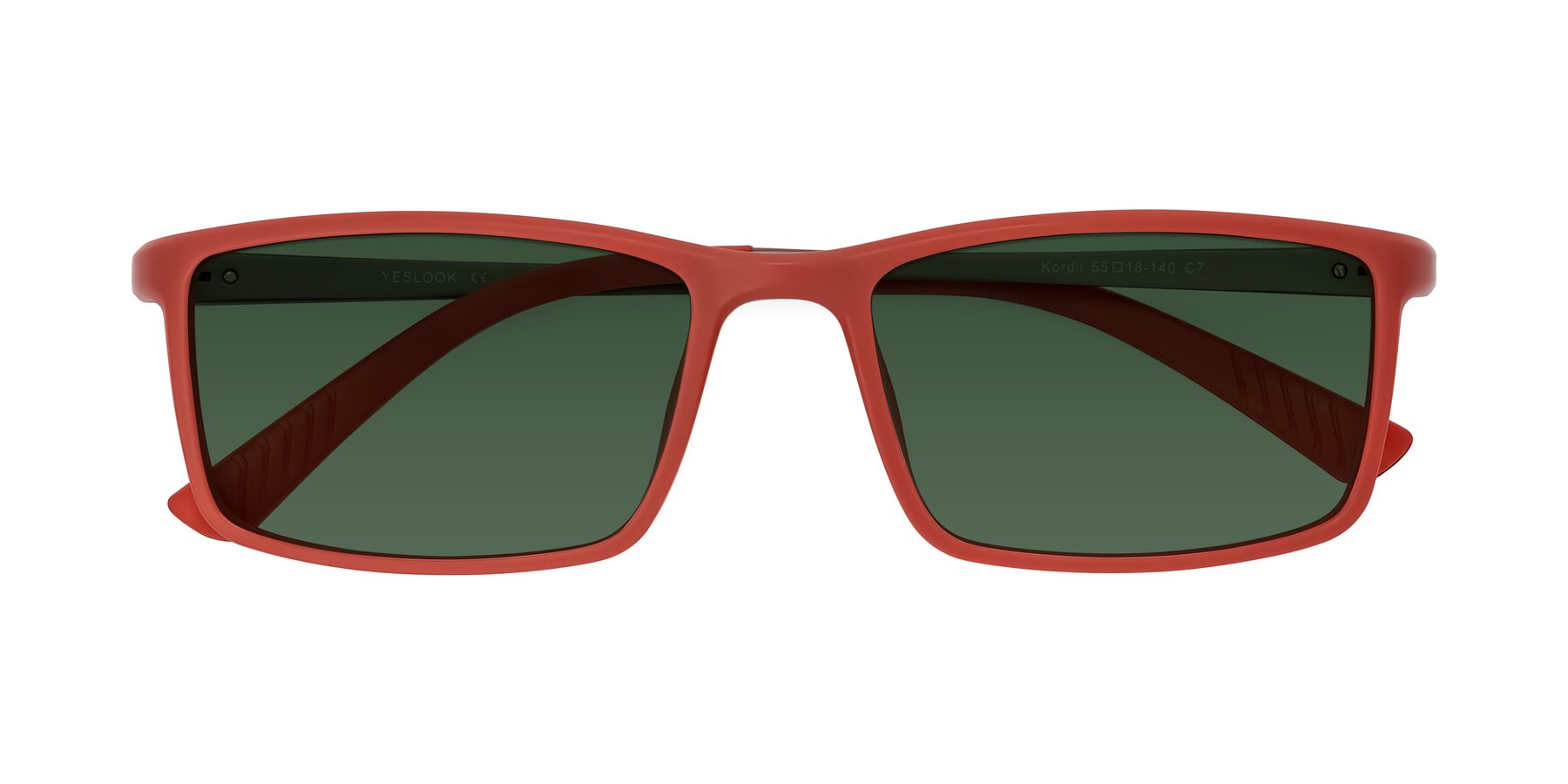 Folded Front of Kordii in Matte Red/Silver with Green Tinted Lenses