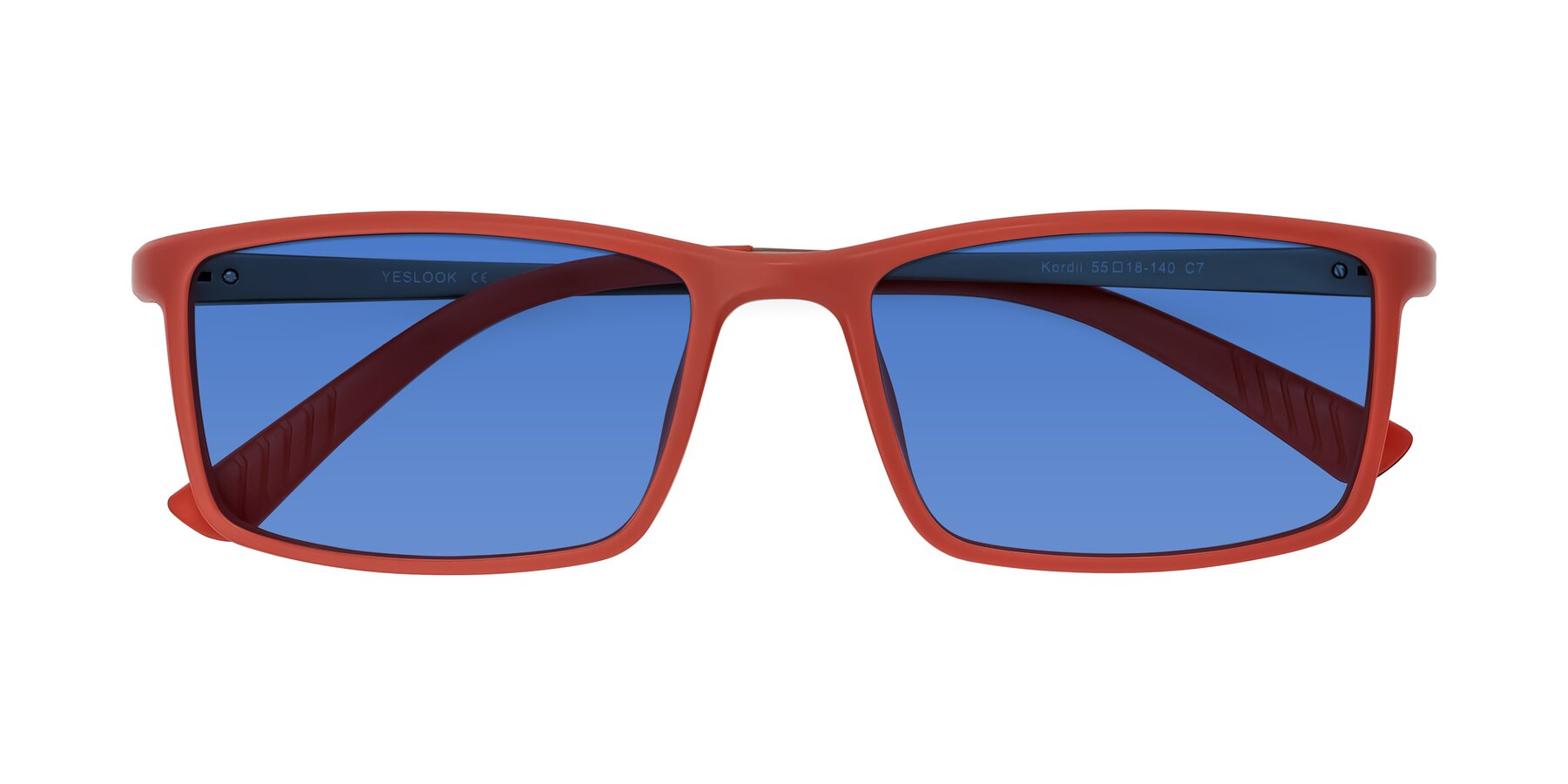 Folded Front of Kordii in Matte Red/Silver with Blue Tinted Lenses