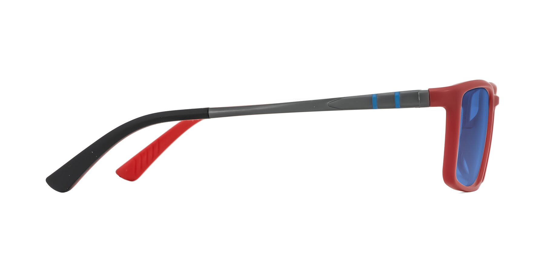 Side of Kordii in Matte Red/Silver with Blue Tinted Lenses