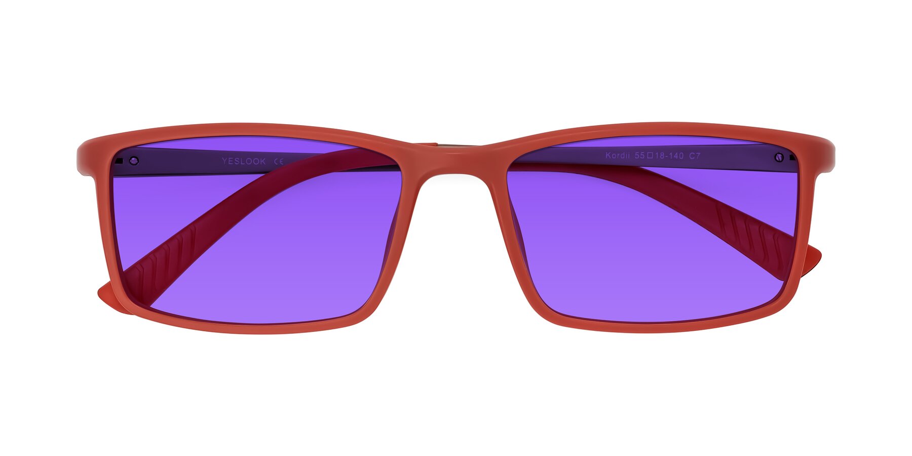 Folded Front of Kordii in Matte Red/Silver with Purple Tinted Lenses