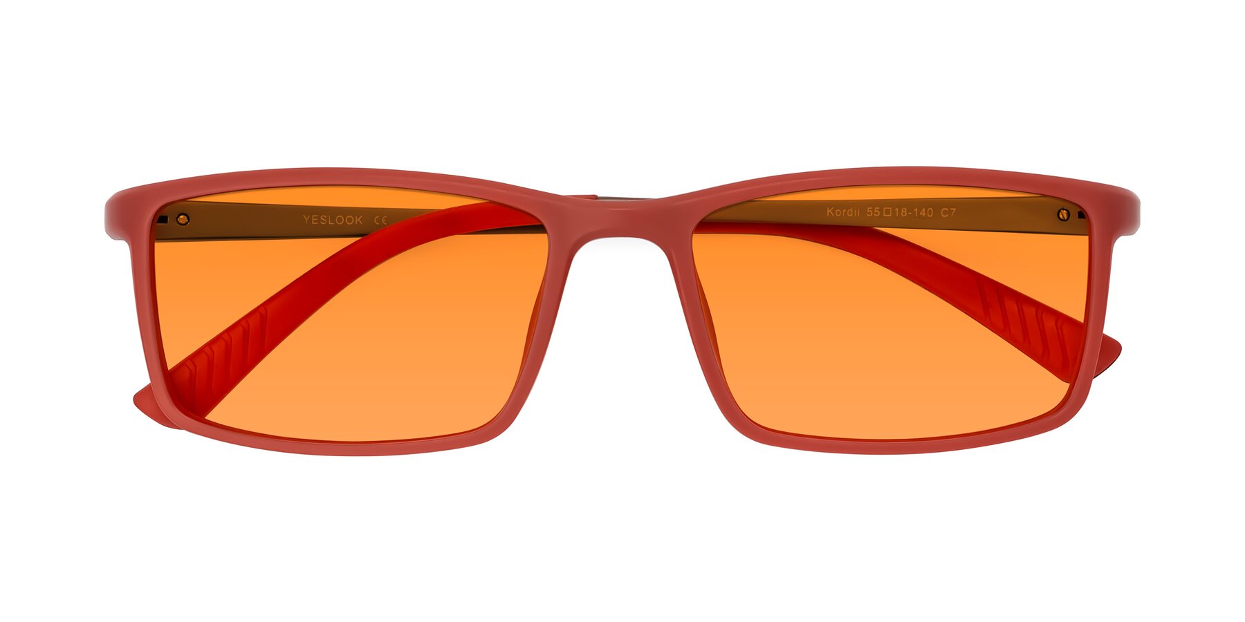 Folded Front of Kordii in Matte Red/Silver with Orange Tinted Lenses